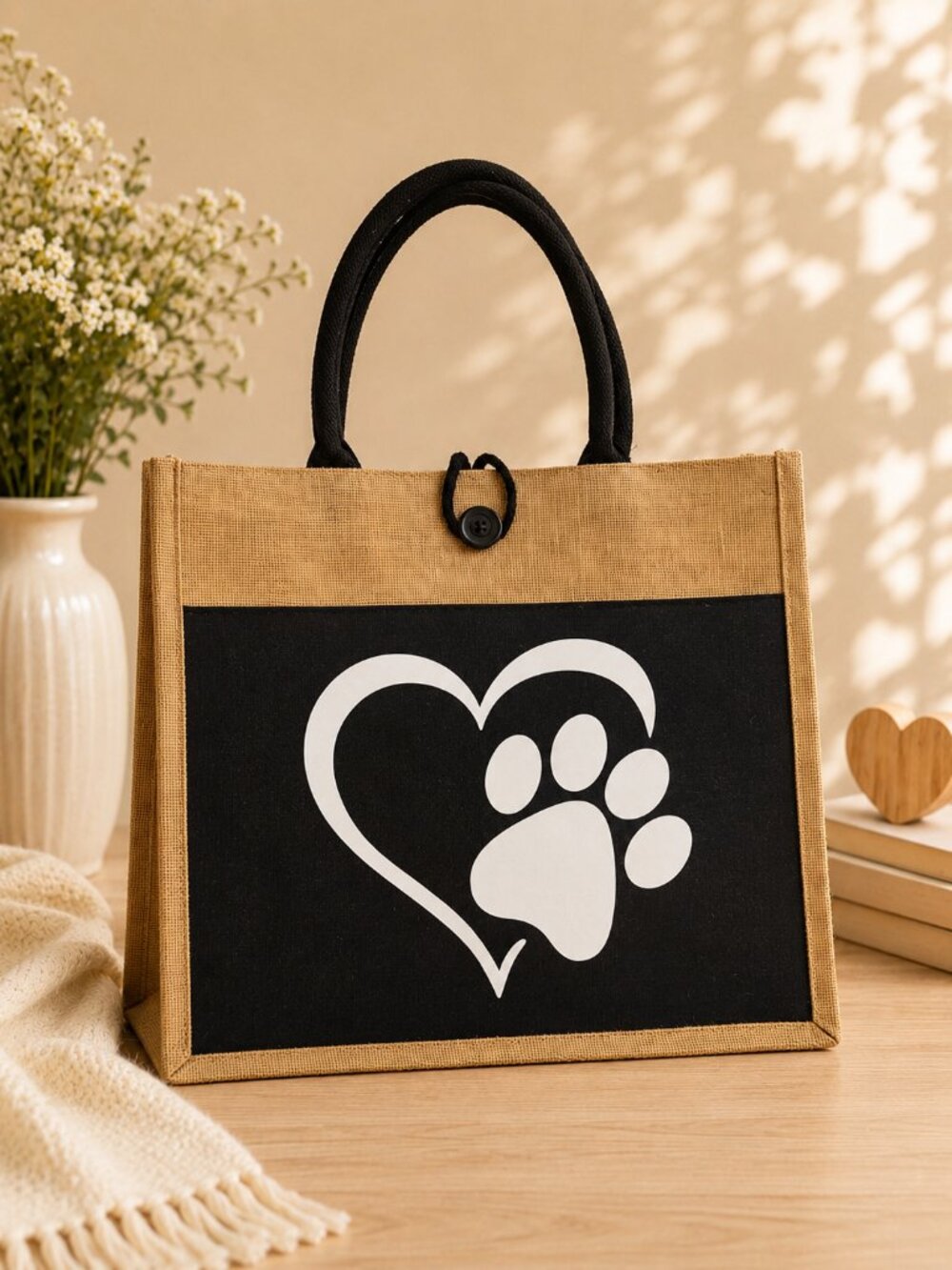 Heart & Paw White Print Canvas Tote Bag | Pet Lover | New
